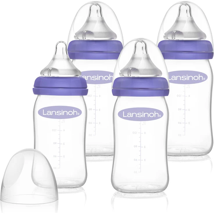 Lansinoh Flaschenset - Glas Weithalsflasche mit NaturalWave Sauger Gr. S, 160 ml, 4 Stück