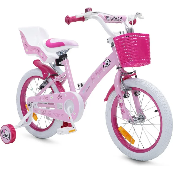 Byox Kinderfahrrad 16 Zoll Puppy rosa inkl. Stützräder, Korb und Puppensitz