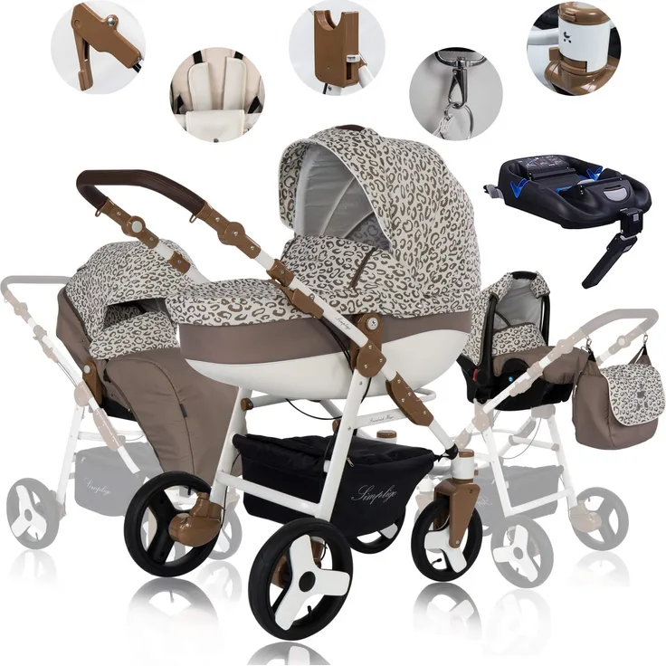 Friedrich Hugo Simpligo | 4 in 1 Kinderwagen Komplettset | ISOFIX Basis | Luftreifen | Farbe: Leopard Beige (Stoff)