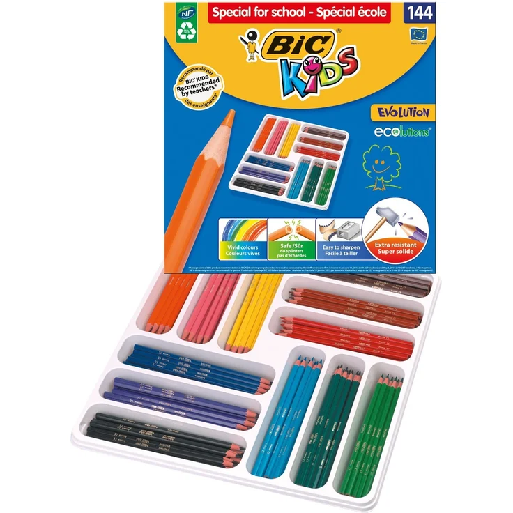 Bic Kids ECOlutions Evolution Buntstifte Set für Kinder ab 5 Jahren Farbstifte ohne Holz mit bruchsicherer Mine 12 Farben in Großpackung a  144 Stück