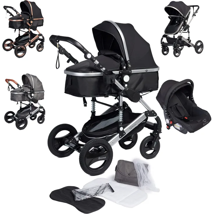 Bronea EXQUISE Kombi-Kinderwagen 3 in 1 FARBAUSWAHL Inkl. MATRATZE, Buggy, Auto-Babyschale, Zusammenklappbar mit Wickeltasche, Regenschutz, Mückenschutz & Sonnenschutz, Farbe:schwarz/silver