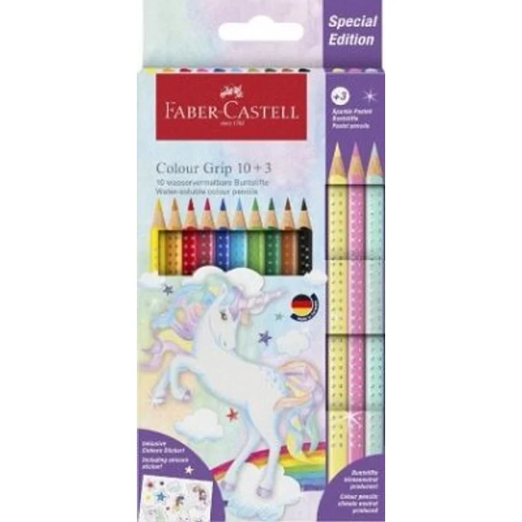 Faber-Castell Buntstift Colour Grip Einhorn 10er Etui + 3 Sparkle Pastell-Buntstifte – Bild 1