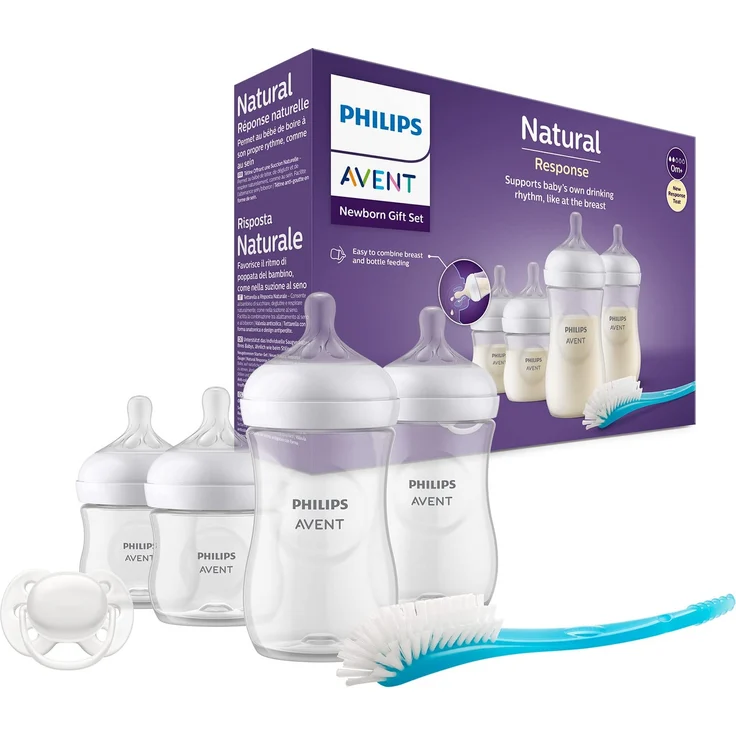 Philips Avent Babyflaschen Natural Response, Geschenkset für Neugeborene – 4 Babyflaschen, ultra soft Schnuller und Flaschenbürste, Babys von 0–12 Monaten und älter (Modell SCD838/11) – Bild 1