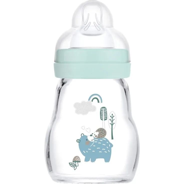 MAM Feel Good A159 Flasche aus Glas, mit Sauger 1 patentierter SkinSoftTM Ultraweiches Silikon, für Babys ab 0 Monaten, 170 ml, Blau
