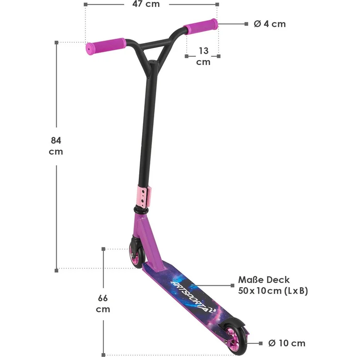 ArtSport 24636 'Stunt Scooter Galactic Cruiser', ab 6 Jahren, 360° Lenker, 100 mm Alu Räder, max. belastbar bis 100 kg, lila/schwarz – Bild 2