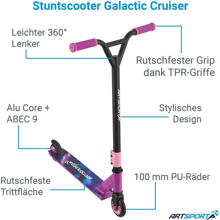 ArtSport 24636 'Stunt Scooter Galactic Cruiser', ab 6 Jahren, 360° Lenker, 100 mm Alu Räder, max. belastbar bis 100 kg, lila/schwarz – Bild 6