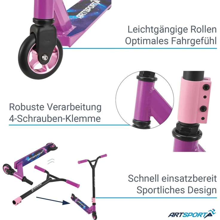 ArtSport 24636 'Stunt Scooter Galactic Cruiser', ab 6 Jahren, 360° Lenker, 100 mm Alu Räder, max. belastbar bis 100 kg, lila/schwarz – Bild 8