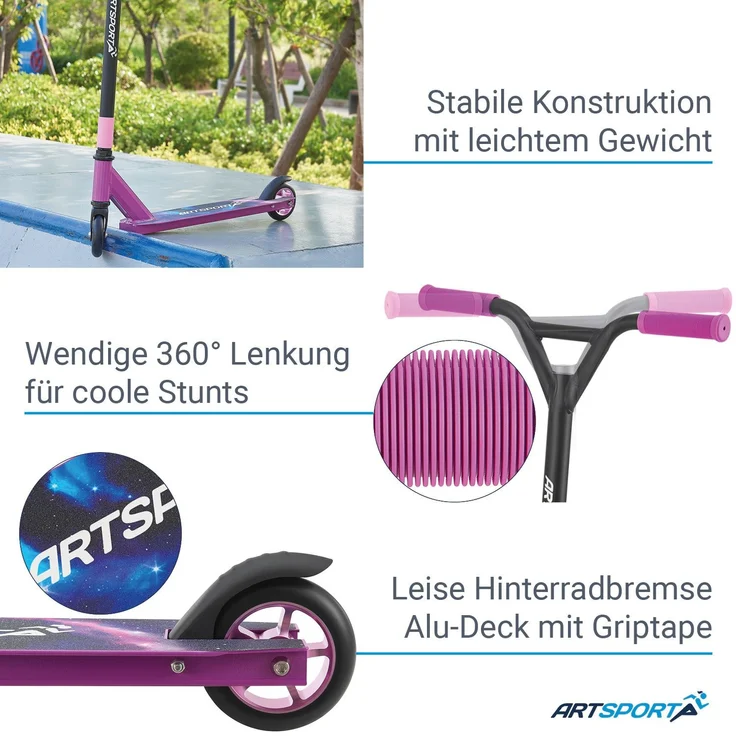 ArtSport 24636 'Stunt Scooter Galactic Cruiser', ab 6 Jahren, 360° Lenker, 100 mm Alu Räder, max. belastbar bis 100 kg, lila/schwarz – Bild 7