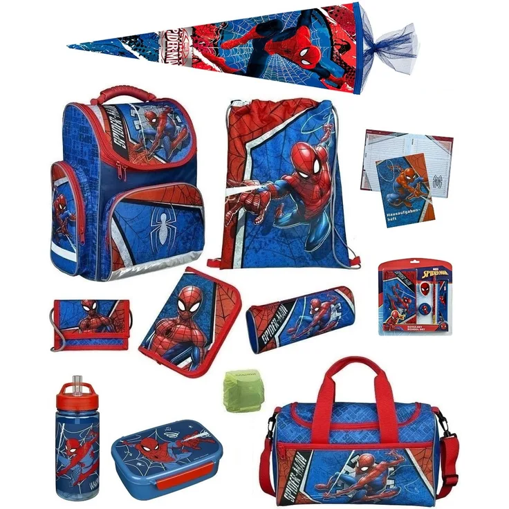 SPIDERMAN Schulranzen 1. Klasse 16-teiliges Set mit Sporttasche und Schultüte / Zuckertüte