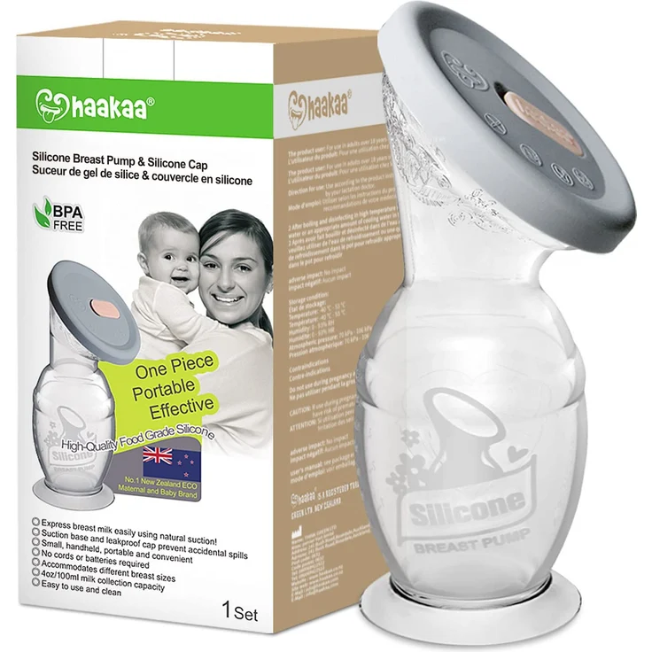 haakaa 100 ML Handmilchpumpe mit Silikondeckel und Saugfuß, Transparent Manuelle Brustpumpe, Silikon Milchpumpe & Muttermilchauffänger, Gesund und Harmlos – Bild 2