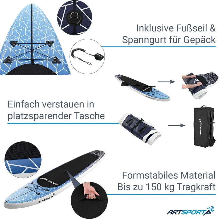 ArtSport Stand Up Paddling Board Deep Ocean – Aufblasbares SUP Board Set mit Pumpe, Paddel, Tasche und Zubehör – Belastbar bis 150 kg - Blau-Weiß - Preisvergleich – Bild 4