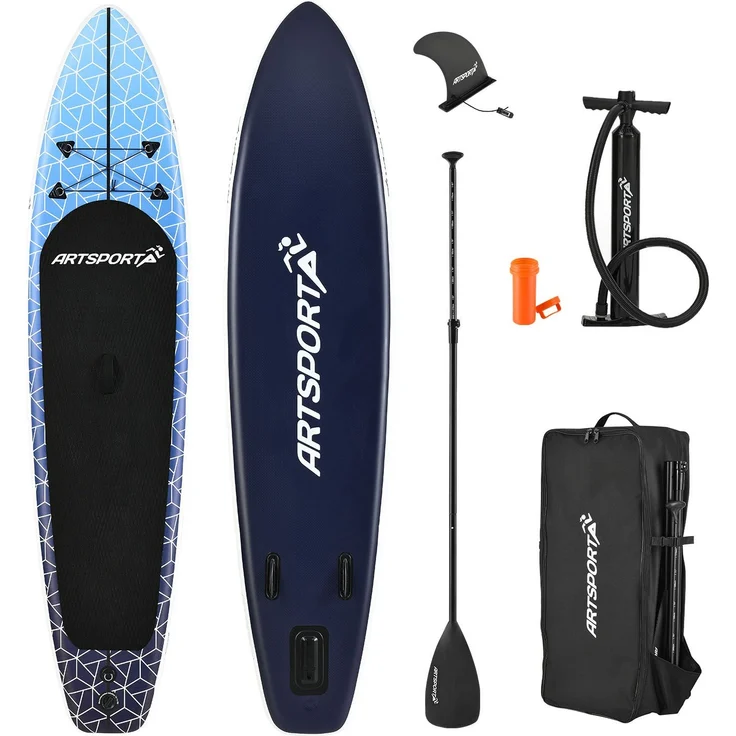 ArtSport Stand Up Paddling Board Deep Ocean – Aufblasbares SUP Board Set mit Pumpe, Paddel, Tasche und Zubehör – Belastbar bis 150 kg - Blau-Weiß - Preisvergleich – Bild 1