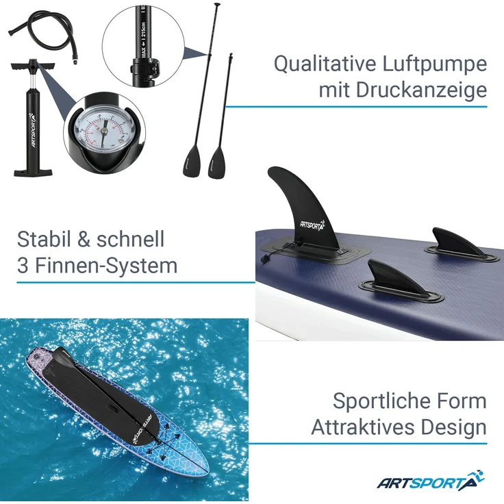 ArtSport Stand Up Paddling Board Deep Ocean – Aufblasbares SUP Board Set mit Pumpe, Paddel, Tasche und Zubehör – Belastbar bis 150 kg - Blau-Weiß - Preisvergleich – Bild 5
