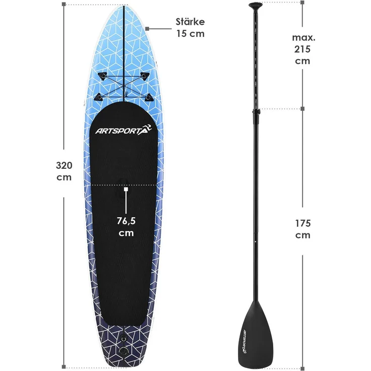 ArtSport Stand Up Paddling Board Deep Ocean – Aufblasbares SUP Board Set mit Pumpe, Paddel, Tasche und Zubehör – Belastbar bis 150 kg - Blau-Weiß - Preisvergleich – Bild 6