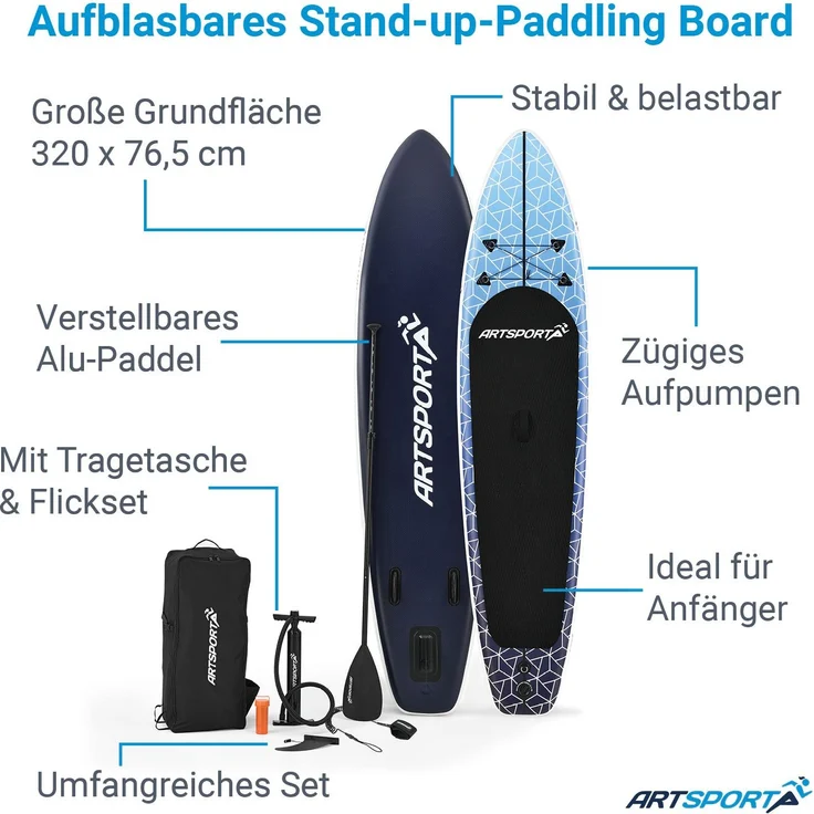 ArtSport Stand Up Paddling Board Deep Ocean – Aufblasbares SUP Board Set mit Pumpe, Paddel, Tasche und Zubehör – Belastbar bis 150 kg - Blau-Weiß - Preisvergleich – Bild 3