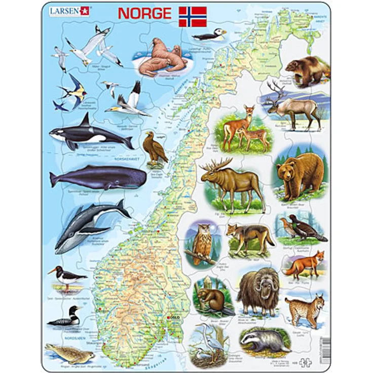 Larsen Puzzle Physische Karte - Norwegen mit Tieren
