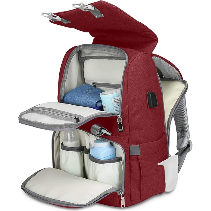 SONARIN Wasserdicht Multifunktions Baby Wickelrucksack mit Wickelauflage,USB Schnittstelle,Wickeltasche mit Flasche Isolierte Taschen,Große Kapazität, Waschmaschinenfest,Langlebig(Rot)