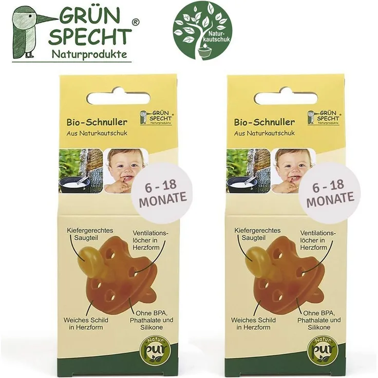 Gruenspecht BIO Schnuller aus Naturkautschuk 6-18 Monate // 2er Set, weiche Schild in Herzform, Kieferorthopädische Form