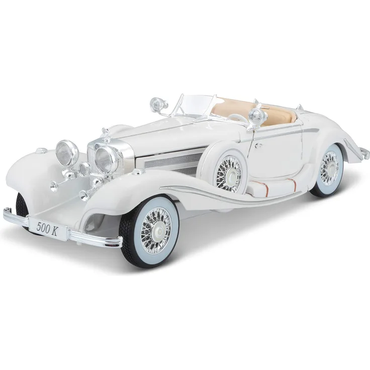 Bauer Spielwaren 36055-00000009 Maisto Mercedes 500 K Maharadjah, Modellauto mit Federung, Maßstab 1:18, Türen und Motorhaube beweglich, Fertigmodell, lenkbar, 24 cm, weiß (536055)
