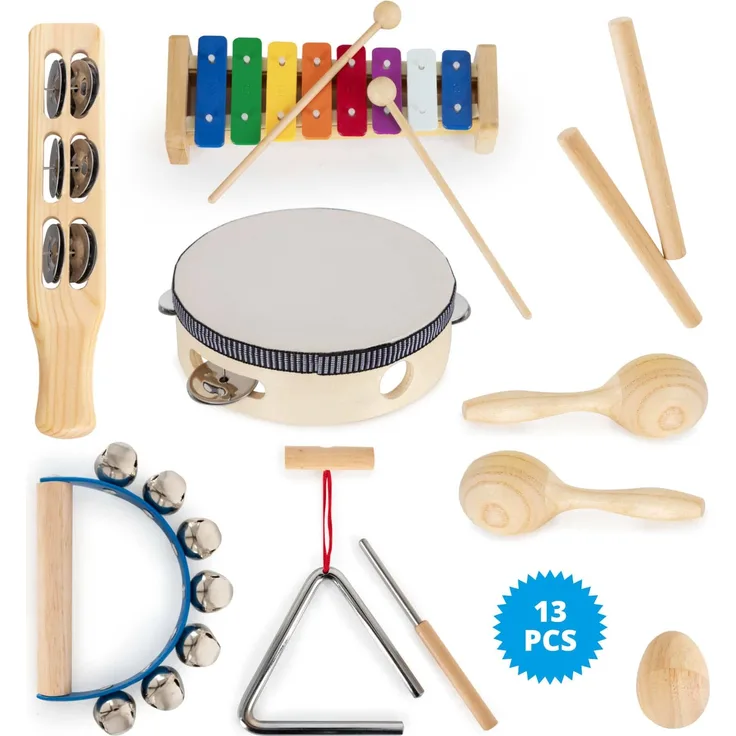 Classic Cantabile Kinder-Percussion Set - 13-Teiliges Percussion Set mit Glockenspiel, Tambourin aus Holz, Maracas, Triangel und Egg-Shaker - Ideal für Kindergarten und Musikalische Früherziehung