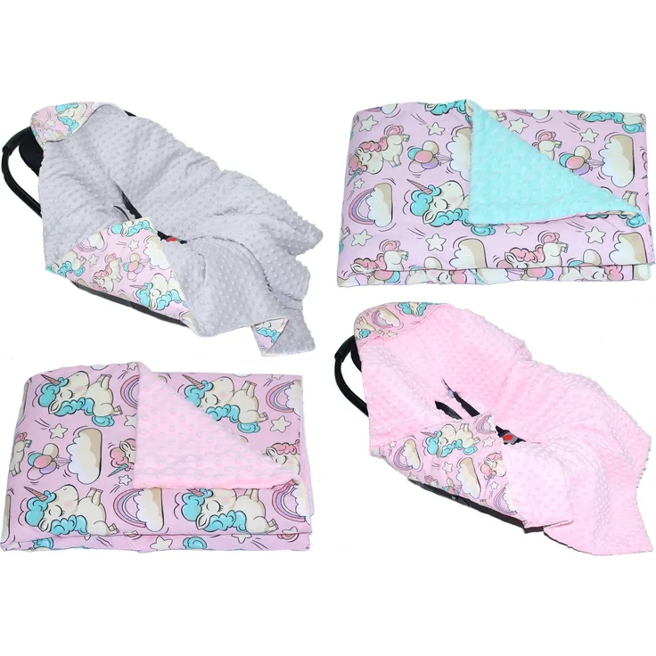 Baby Einschlagdecke MINKY - EINHORN- mit Kapuze 90x90 cm Babyschale Decke (mit GRAU)