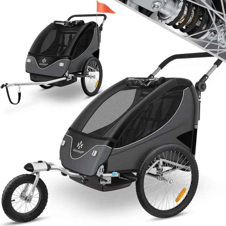 KESSER 'Cruiser' Fahrradanhnger 360 Drehbar mit Federung 2in1  Joggerfunktion Kinderfahrradanhnger + 5-Punkt Gurt Jogger Fahrrad Anhnger  fr 1 bis 2 Kinder max. 40kg Hellgrau: Tests, Infos & Preisvergleich