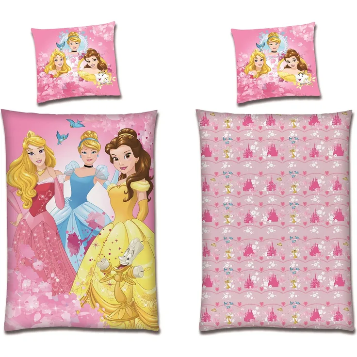 Disney Prinzessinnen Rosa Microfaser Winter-Bettwäsche Set 135x200 80x80 cm (2-tlg. ) Cinderella, Dornröschen und Belle mit Reißverschluss