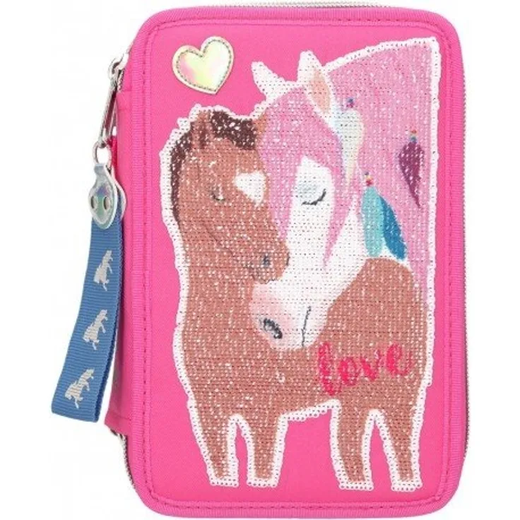 Miss Melody Federmäppchen mit Pferd Streichpailletten 3-Zipp Pink gefüllt 10529