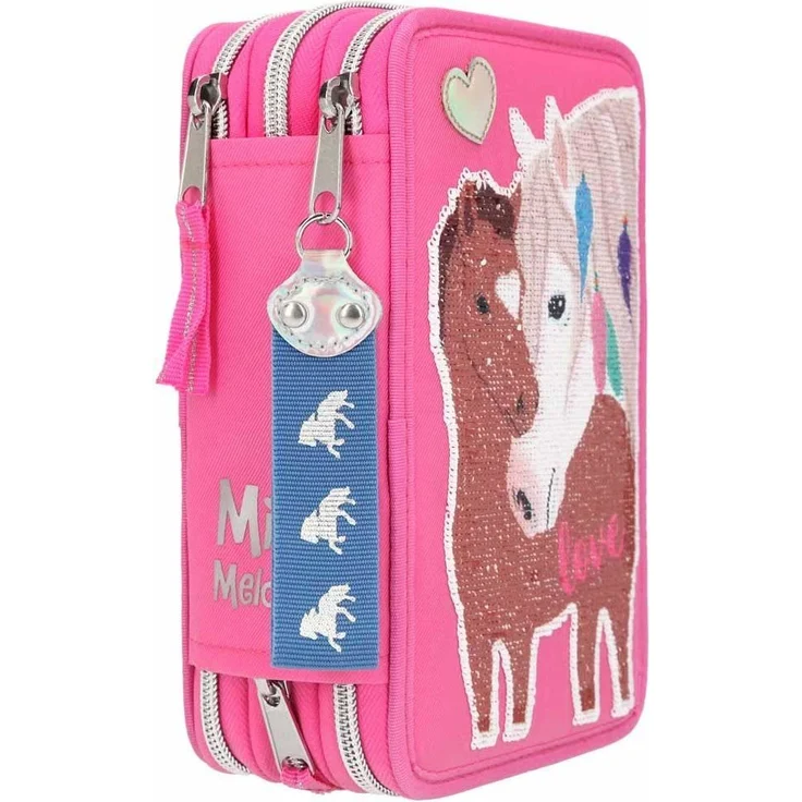 Miss Melody Federmäppchen mit Pferd Streichpailletten 3-Zipp Pink gefüllt 10529 – Bild 2