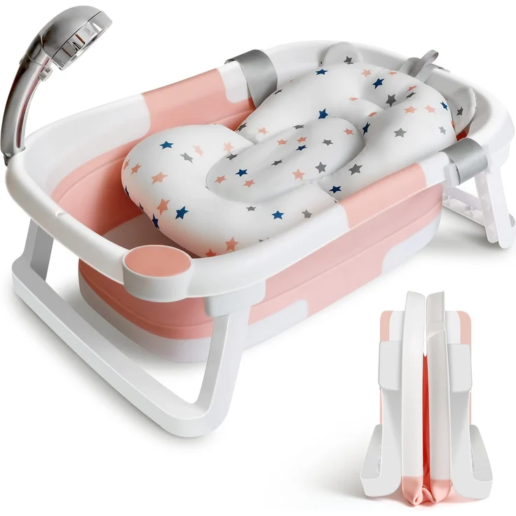 Baby Badewanne Faltbare Babybadewanne Kinder, Neugeborene Baby-Plastikbadewanne mit faltbaren Anti-Rutsch-Beinen Zusammenklappbare Badewanne für das Baden von Kleinkindern | Rosa und Weiß – Bild 1