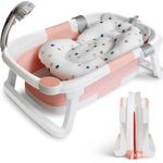 Baby Badewanne Faltbare Babybadewanne Kinder, Neugeborene Baby-Plastikbadewanne mit faltbaren Anti-Rutsch-Beinen Zusammenklappbare Badewanne für das Baden von Kleinkindern | Rosa und Weiß