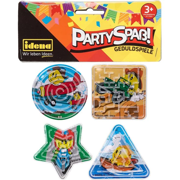 Idena 40430 - Partyspaß Geduldspiele, 4 Stück, kleine Labyrinthe mit lustigen Emoji Hintergrundmotiven in den Formen Kreis, Dreieck, Quadrat und Stern, durchschnittliche Größe ca. 6 cm