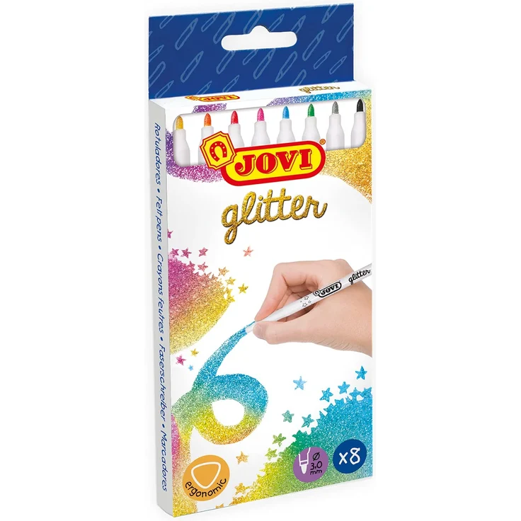 Jovi Filzstifte in Glitzer-Farben, Strichbreite: 3,0 mm, auswaschbar, eindrücksichere Spitze, Set mit 8 Farben