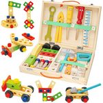 Withosent Werkzeugkoffer Kinder Holz, 34 Stück Werkzeug Kinder Holzspielzeug, Werkzeugsatz Holzwerkzeugen, DIY Autos Spielzeuge kinderspielzeug ab 3 Jahre Jungen Mädchen
