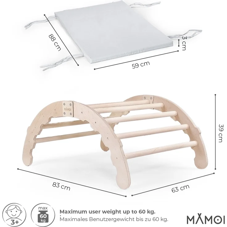 MAMOI® Kletter Dreieck | Holz Klettergerüst Indoor Kinder | Kletterbogen Holz mit Matte | Kletterbogen Kinder Indoor | Regenbogen Wippe Holz | Regenbogenwippe Holz | CE | 100% ECO | Made in EU – Bild 3