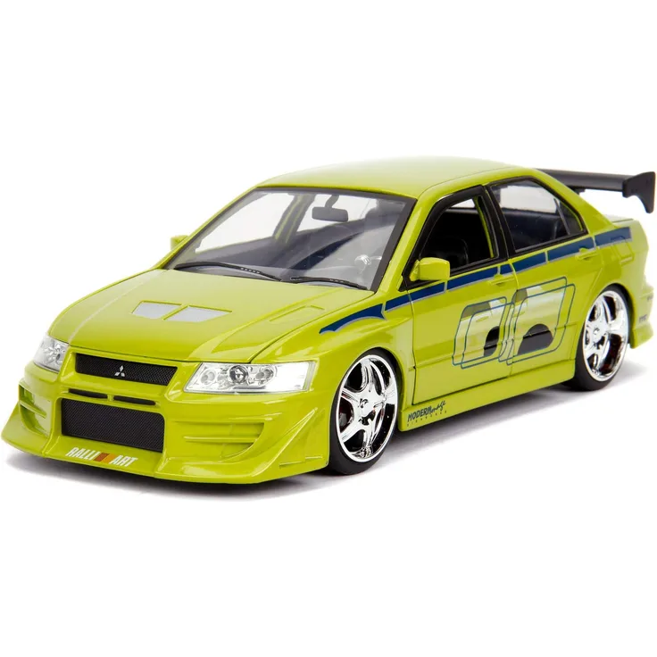 Jada Toys 99788 Fast & Furious Brian's 2002 Mitsubishi Lancer EVO VII, Auto, Tuning-Modell im Maßstab 1:24, mit Spoiler, zu öffnende Türen, Motorhaube und Kofferraum, Freilauf, grün