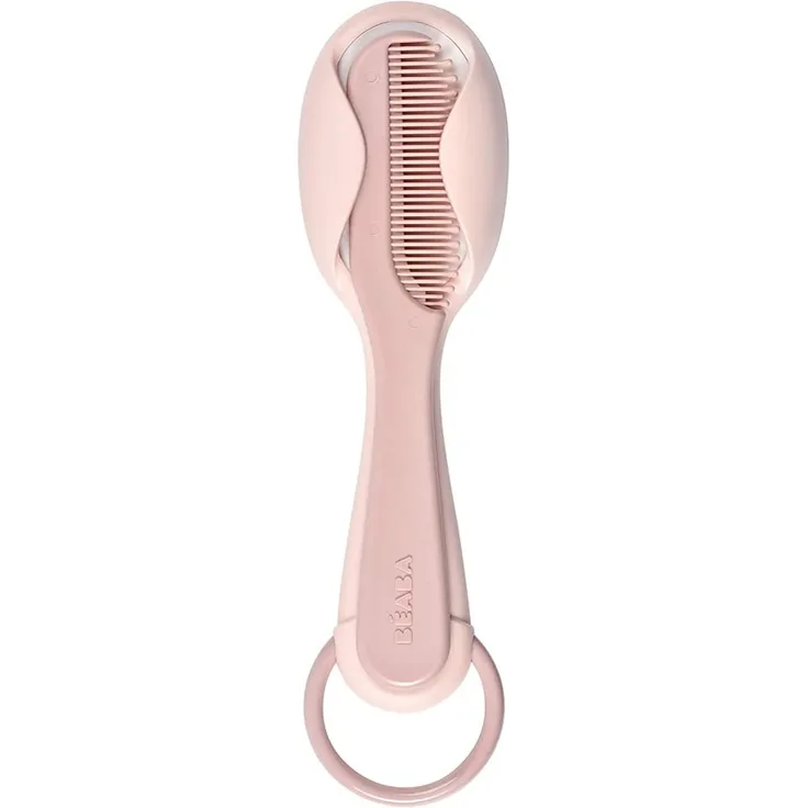 BÉABA, Kamm, Haarbürste für Babys und Kinder, Mit integriertem Staufach für den Kamm an der Rückseite der Bürste - Rosa