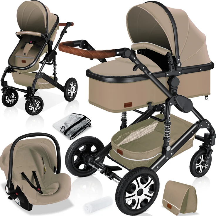 KESSER® 'Loops' Kombikinderwagen 3 in 1 Kinderwagen inkl. Babywanne, Buggy Sportsitz, Auto-Babyschale - Voll-Gummireifen - Wickeltasche/Regenschutz Beige/ Schwarz – Bild 1