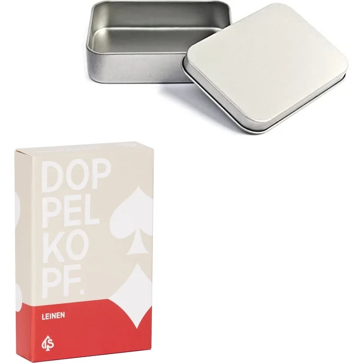Doppelkopf Original Leinen Kartenspiel, Französisches Bild, Doppelkopfkarten auswählbar: im Set mit Metalldosen + Mengenrabatt (Standard + Metalldose)