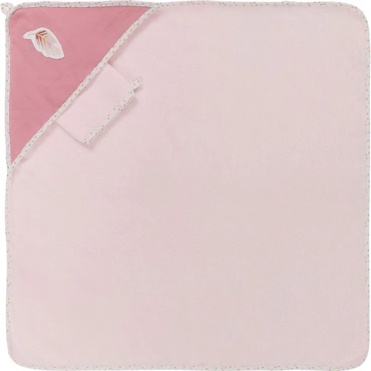 Nattou Kapuzenbadetuch und Waschhandschuh mit Feder-Motiv, 75 x 75 cm, Baumwolle, Pauline und Sasha, Rosa/Altrosa 244428