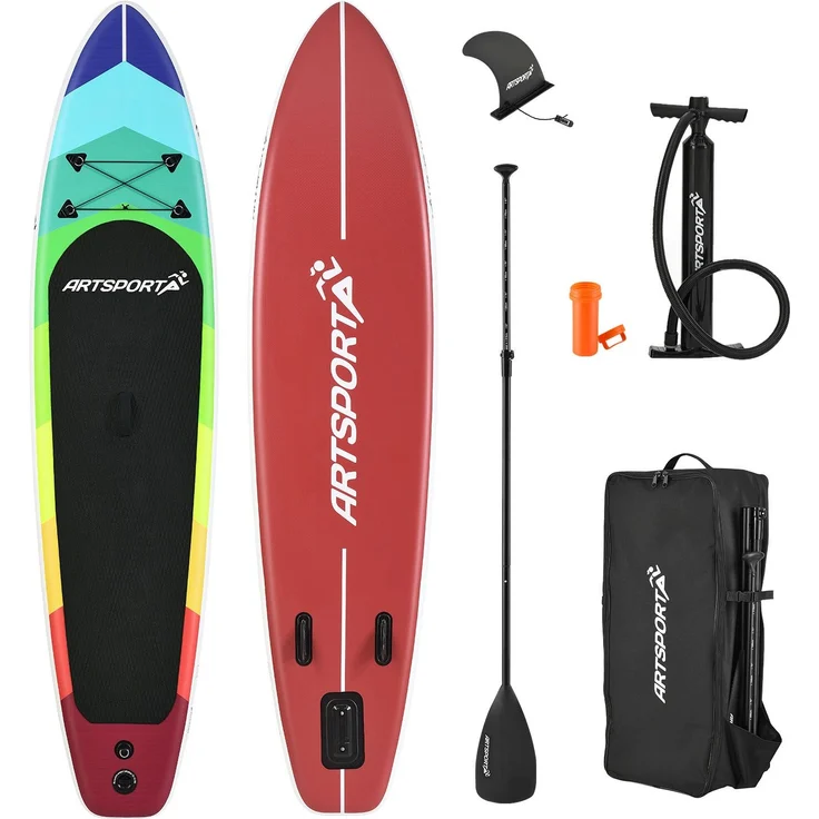 ArtSport Stand Up Paddle Board Retro Love aufblasbar – SUP Board Set mit Pumpe, Paddel, Tasche und Zubehör – Tragkraft bis 150 kg – Rot-Bunt – Bild 1