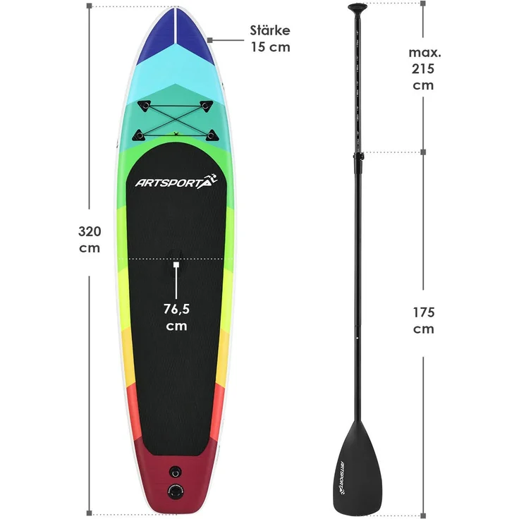 ArtSport Stand Up Paddle Board Retro Love aufblasbar – SUP Board Set mit Pumpe, Paddel, Tasche und Zubehör – Tragkraft bis 150 kg – Rot-Bunt – Bild 6