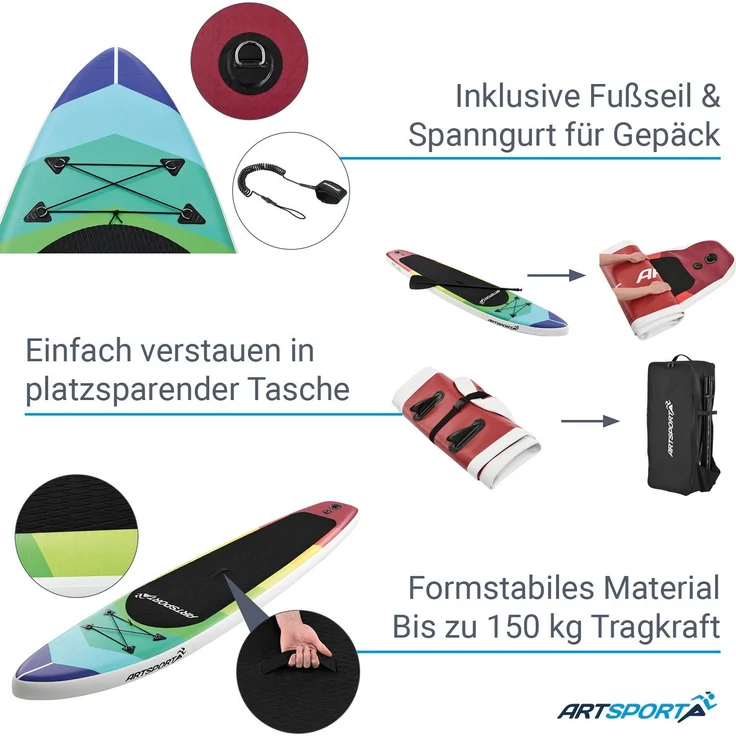 ArtSport Stand Up Paddle Board Retro Love aufblasbar – SUP Board Set mit Pumpe, Paddel, Tasche und Zubehör – Tragkraft bis 150 kg – Rot-Bunt – Bild 4