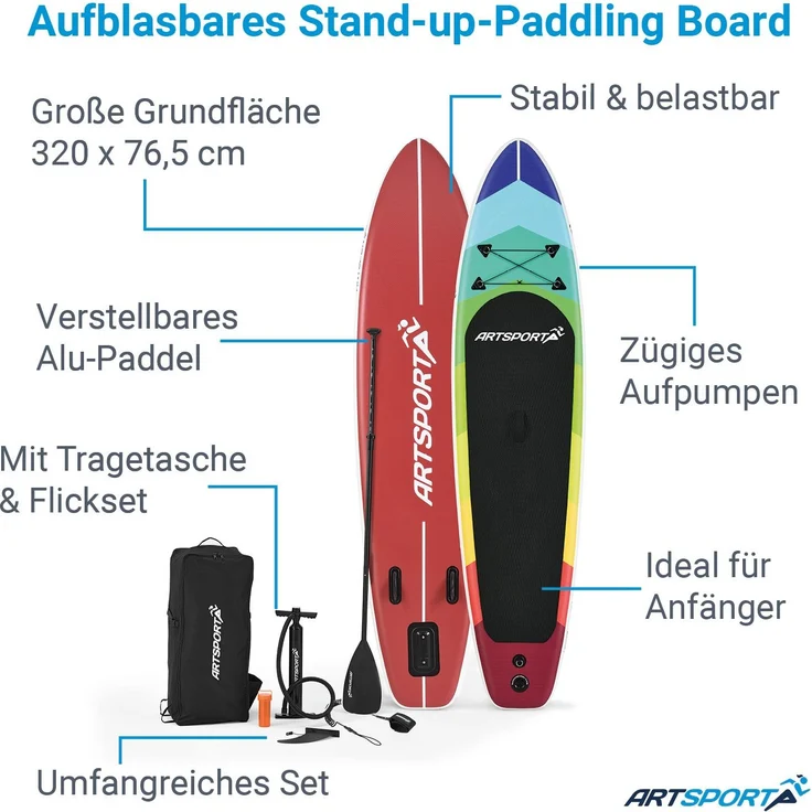 ArtSport Stand Up Paddle Board Retro Love aufblasbar – SUP Board Set mit Pumpe, Paddel, Tasche und Zubehör – Tragkraft bis 150 kg – Rot-Bunt – Bild 3
