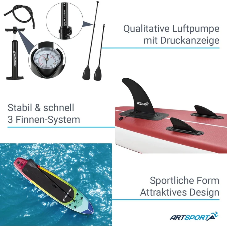 ArtSport Stand Up Paddle Board Retro Love aufblasbar – SUP Board Set mit Pumpe, Paddel, Tasche und Zubehör – Tragkraft bis 150 kg – Rot-Bunt – Bild 5