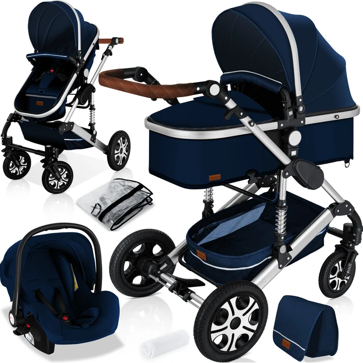 KESSER® 'Loops' Kombikinderwagen 3 in 1 Kinderwagen inkl. Babywanne, Buggy Sportsitz, Auto-Babyschale - Voll-Gummireifen - Wickeltasche/Regenschutz Blau / Silber – Bild 1