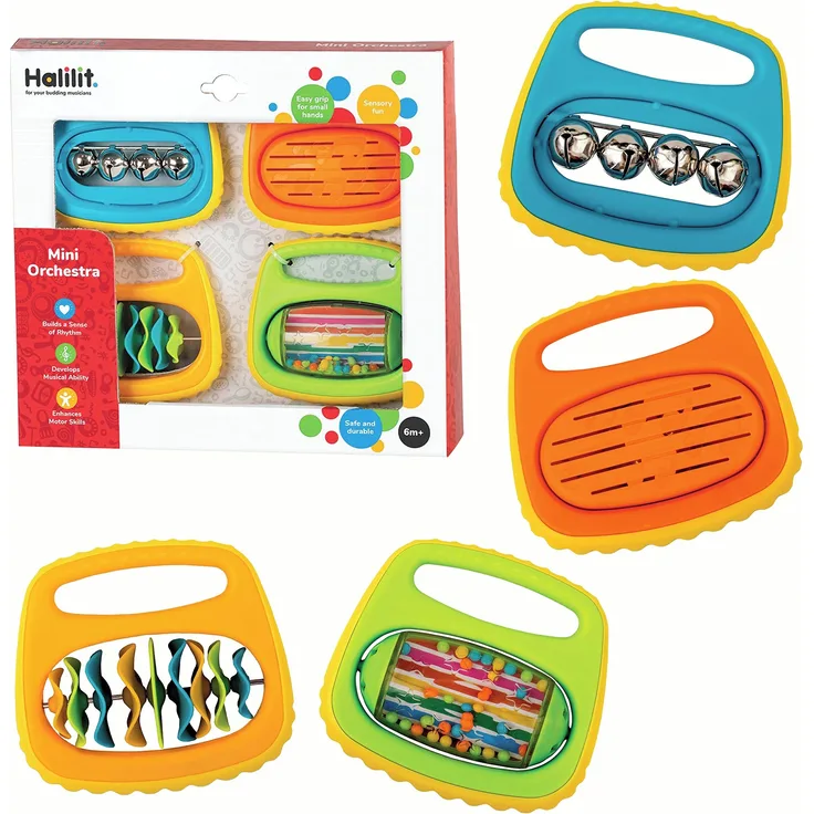 Halilit Mini Orchestra Baby Gift Set. Includes 4 Colourful Musical Instruments My Bell, Tambaring, Clip Clap and Rock ‘n’ Roll Rattle, Suitable for Boys & Girls from 6 Months +