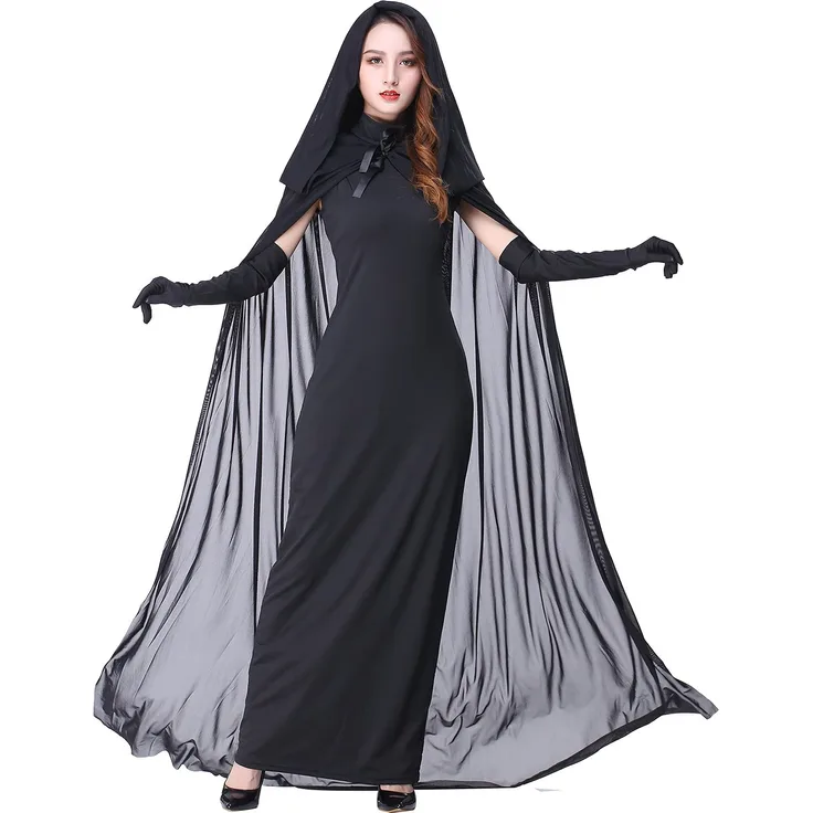 Myir Halloween Kostüm Damen Geister Schwarze Geisterbraut böse Königin, Karneval Ausführen Kostüme Erwachsene Vampir Lange Kleid Horror (Schwarz, Medium)