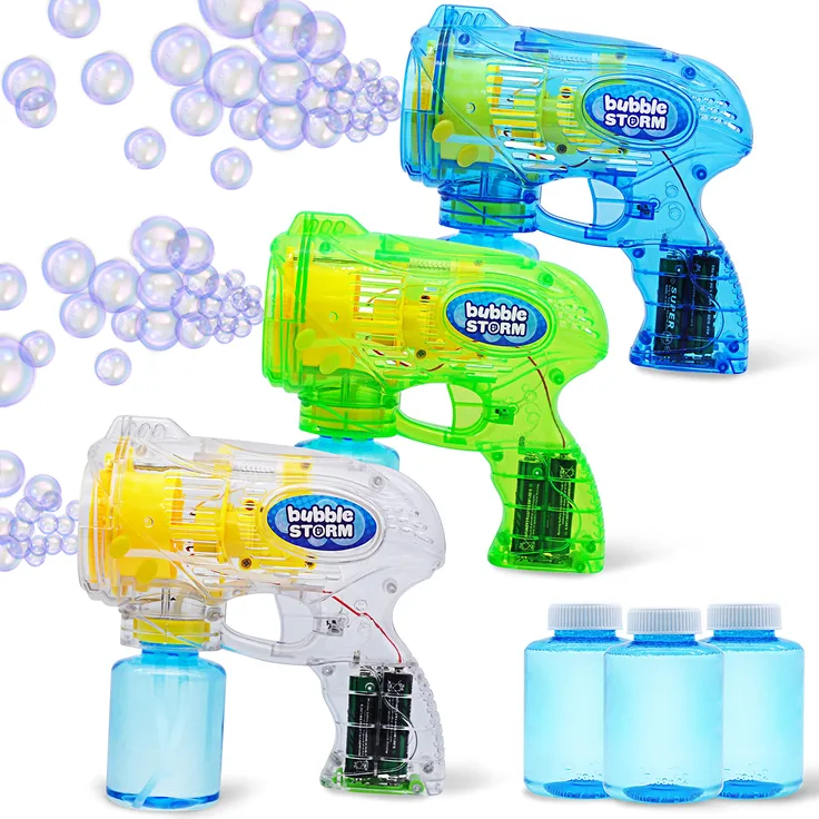 3 Seifenblasenpistole Set, Automatische Seifenblasenmaschine Gebläsemaschine mit 4 Seifenblasenlösung für Kinder, Bubble Party Gefälligkeiten, Sommerspielzeug, Outdoor und Indoor Aktivitäten