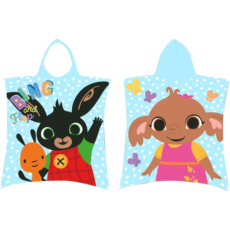 Kinder Badeponcho Strandponcho mit Kapuze Bing Bunny vorne Bing Flop und hinten Sula 50x115 cm, blau mehrfarbig, 100% Baumwolle